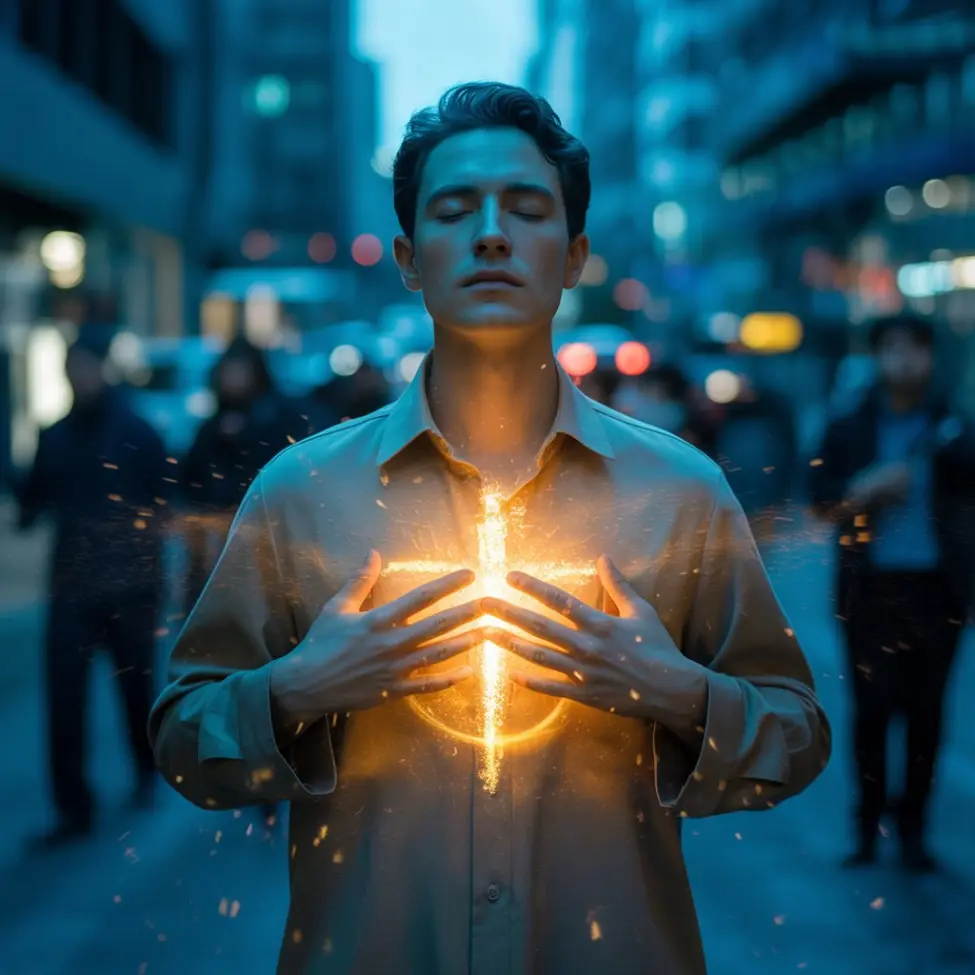 Kinowe, symetryczne ujęcie w średnim planie osoby w nowoczesnym ubraniu, stojącej nieruchomo z zamkniętymi oczami i dłońmi delikatnie położonymi na klatce piersiowej. Klatka piersiowa tej osoby jest półprzezroczysta i jarzy się ciepłym, intensywnym złotym światłem, które przybiera subtelny kształt promiennego królestwa lub krzyża