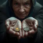 Artystyczna wizja biblijnej wdowy wrzucającej jałmużnę, której serce świeci ciepłym, duchowym blaskiem. W tle Jezus Chrystus obserwuje to wewnętrzne światło, ignorując otaczające bogactwo. Symboliczna ilustracja frazy 'Bóg patrzy na serce' w Świątyni Jerozolimskiej