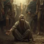 Niewidomy żebrak w tłumie woła o pomoc – ilustracja do Ewangelii o uzdrowieniu pod Jerychem. Poruszający obraz samotności człowieka, który mimo hałasu otoczenia zostaje dostrzeżony przez Boskie światło