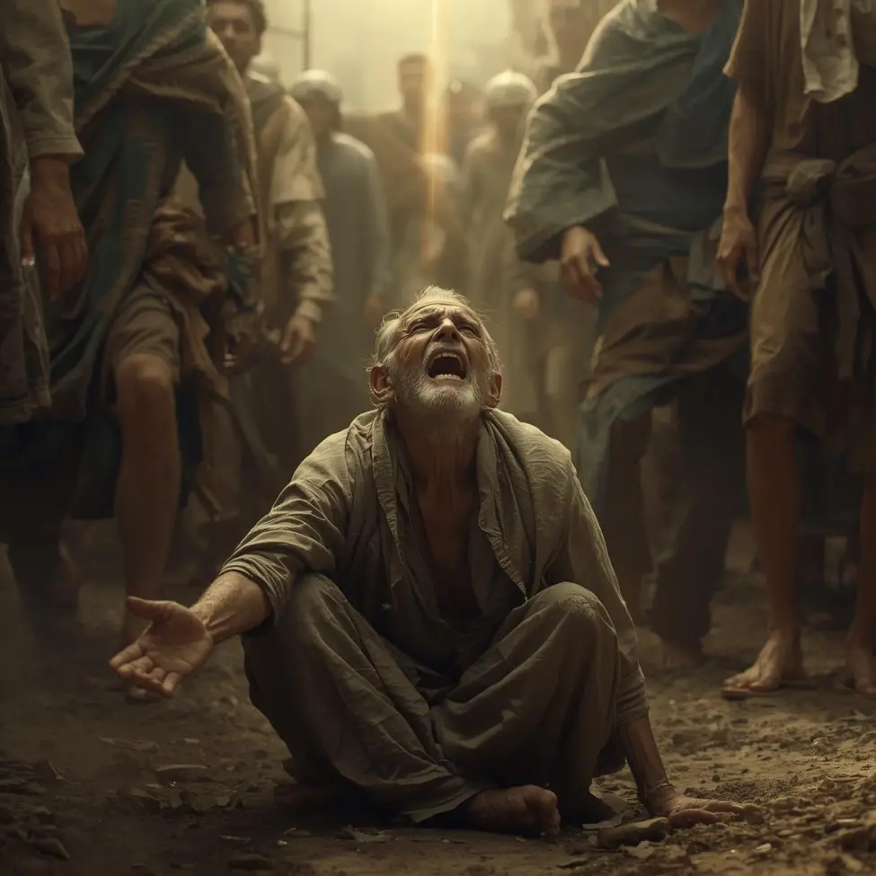 Niewidomy żebrak w tłumie woła o pomoc – ilustracja do Ewangelii o uzdrowieniu pod Jerychem. Poruszający obraz samotności człowieka, który mimo hałasu otoczenia zostaje dostrzeżony przez Boskie światło