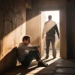 ujęcie wewnątrz słabo oświetlonego pokoju o wyraźnej fakturze (kamień lub stary beton). Mężczyzna siedzi skurczony w kącie, patrząc z przerażeniem na ścianę przed sobą. Na ścianę pada ogromny, wydłużony, majaczący cień. Jednak źródło cienia znajduje się za plecami mężczyzny: otwarte drzwi zalewają pokój ciepłym, pięknym, złotym światłem słonecznym. Sylwetka stojąca w drzwiach (rzucająca cień) jest w rzeczywistości spokojna i zachęcająca (figura Ojca), ale niski kąt padania światła sprawia, że cień wygląda na straszny i zniekształcony.