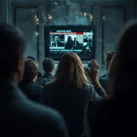 wizja lęku egzystencjalnego i przytłoczenia negatywnymi wiadomościami, ilustrująca fragment Ewangelii Łukasza o czasach ostatecznych i ludzkiej bezradności.