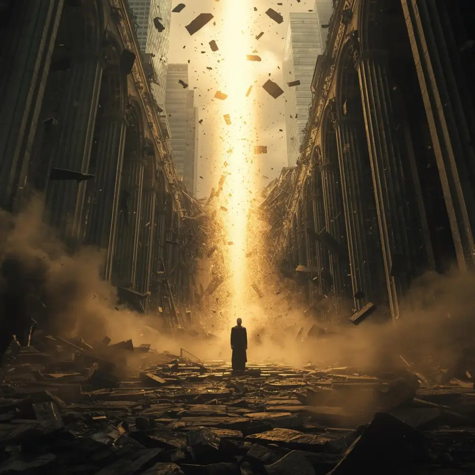 pokojna postać w strugach światła pośród ruin i walących się budynków, symbolizująca nadzieję i wiarę chrześcijańską w czasie kryzysu – ilustracja do Ewangelii Łk 21, 5-19 o końcu czasów i wytrwałości.