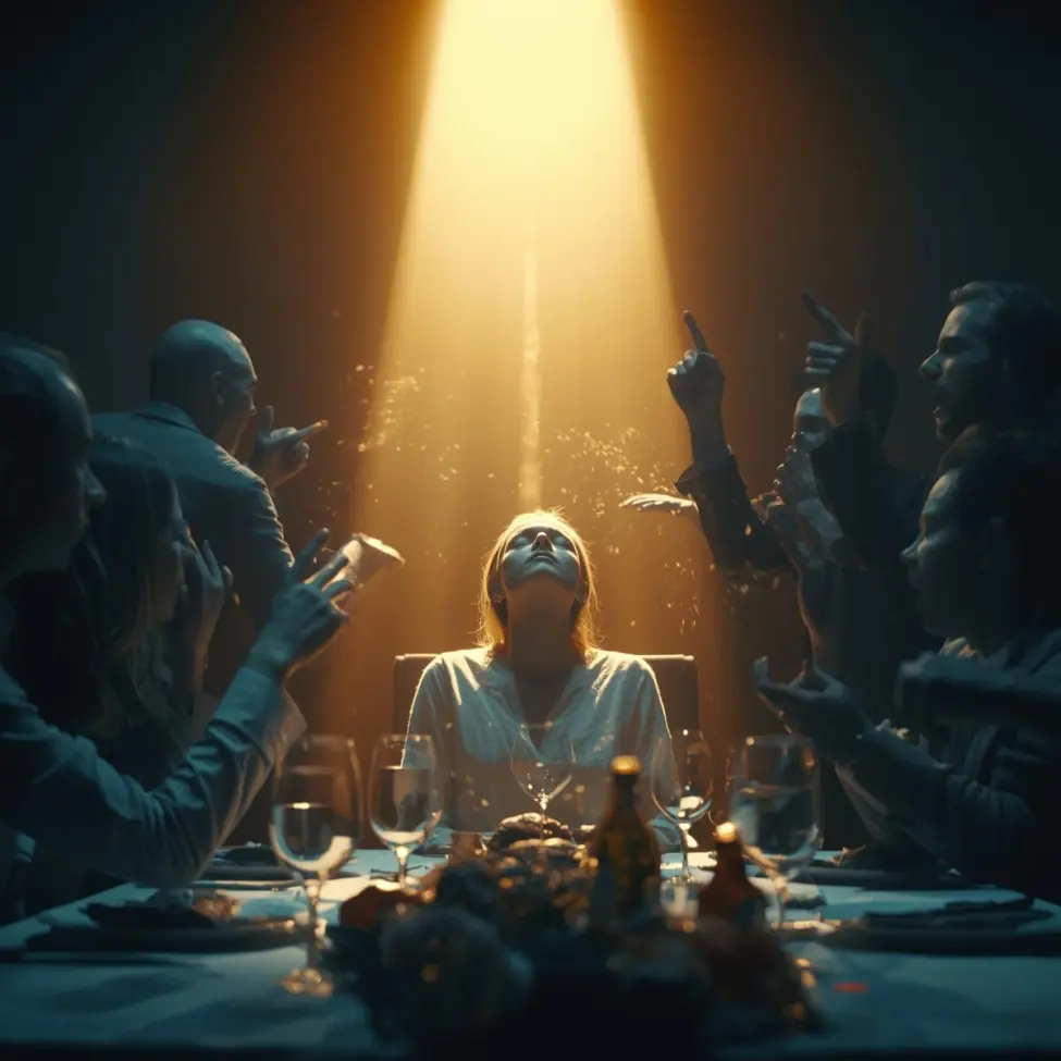 Konflikt wiary w rodzinie inspirowana Ewangelią wg św. Łukasza 21, 12-19. Samotna postać zachowująca wewnętrzny pokój mimo odrzucenia i gniewu ze strony najbliższych przy wspólnym stole.