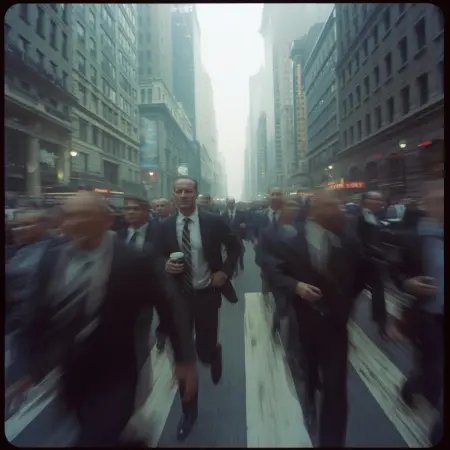 Fotografia przedstawiająca pędzący tłum ludzi na ulicy, rozmycie ruchu, symbolizująca zabieganie, duchową ślepotę i brak czasu na refleksję z Ewangelii Łukasza.