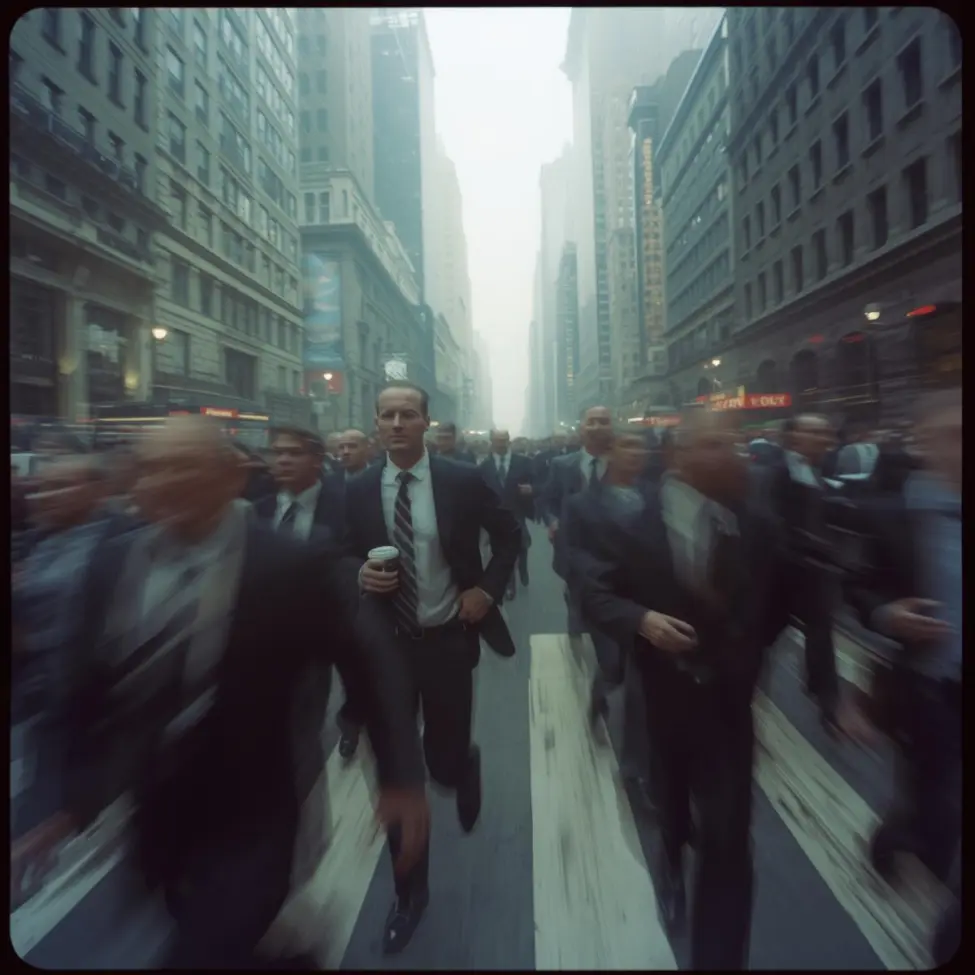 Fotografia przedstawiająca pędzący tłum ludzi na ulicy, rozmycie ruchu, symbolizująca zabieganie, duchową ślepotę i brak czasu na refleksję z Ewangelii Łukasza.