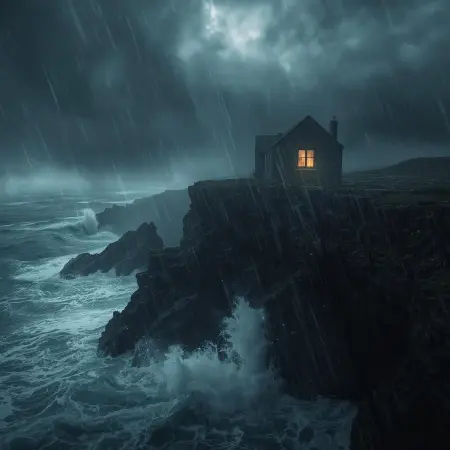 Dom na skale opierający się potężnej burzy, symbolizujący trwały fundament wiary i odporność na życiowe kryzysy.