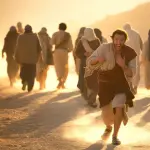 W tle dziewięciu mężczyzn w podartych szatach odchodzi w stronę horyzontu, są rozmyci i znikają w oddali. Na pierwszym planie JEDEN mężczyzna odwrócił się i biegnie z powrotem w stronę kamery (w stronę Jezusa), jego twarz wyraża szok i ekstatyczną radość, patrzy na swoje dłonie, widząc uzdrowioną skórę