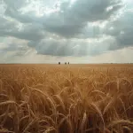 Rozległe złote pole pszenicy pod dramatycznym niebem, symbolizujące wielkie żniwo duchowe. W oddali kłosy przypominają sylwetki ludzi, co obrazuje biblijną potrzebę ewangelizacji i braku robotników w winnicy Pańskiej.