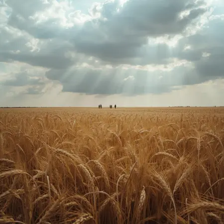 Rozległe złote pole pszenicy pod dramatycznym niebem, symbolizujące wielkie żniwo duchowe. W oddali kłosy przypominają sylwetki ludzi, co obrazuje biblijną potrzebę ewangelizacji i braku robotników w winnicy Pańskiej.